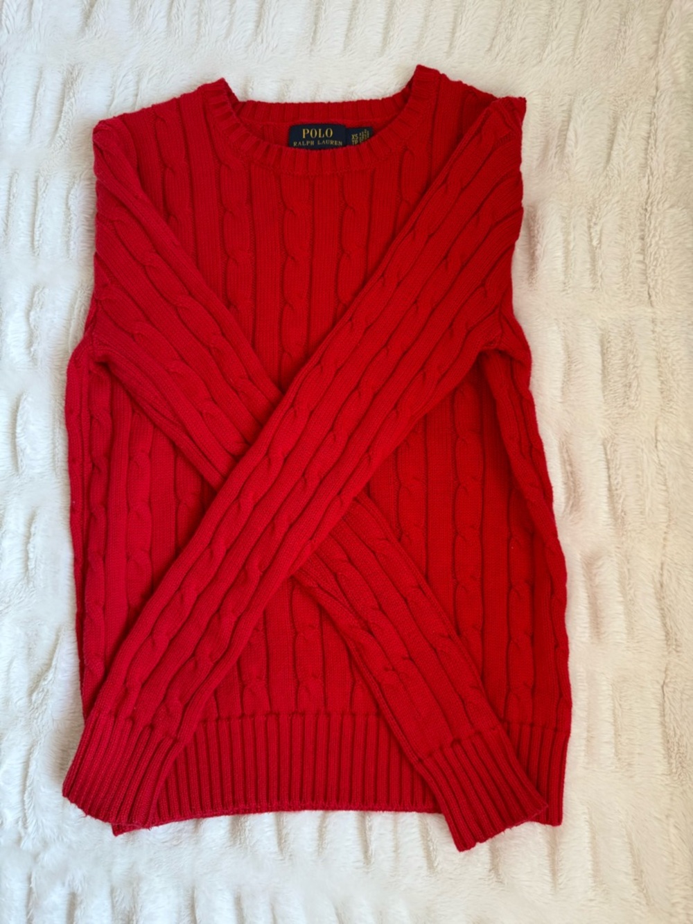Polo by Ralph Lauren Red Cable Knit Crewneck Sweater with Navy Pony - Picture 4 of 5